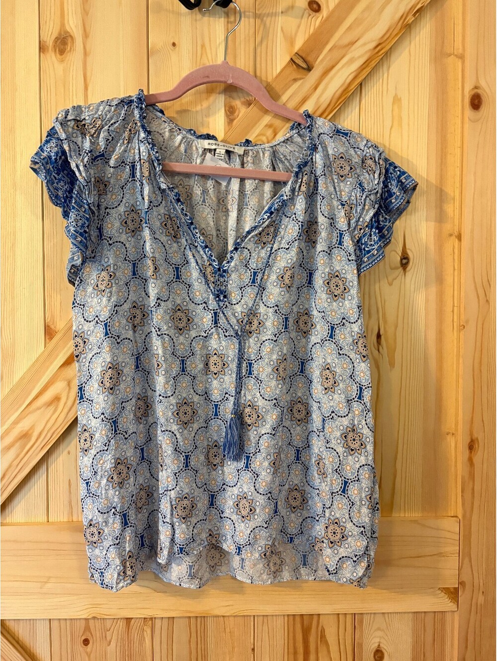 Rose + Olive Blue and Beige Patterned Short Sleeve Blouse with Tassel Tie Large